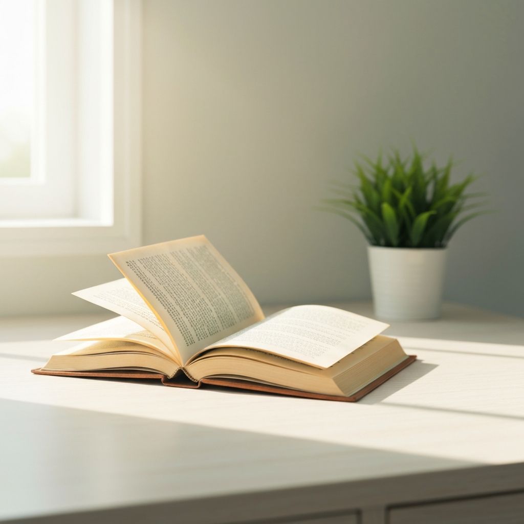 Nyugodt reggeli enteriőr, természetes fény és egy könyv az asztalon