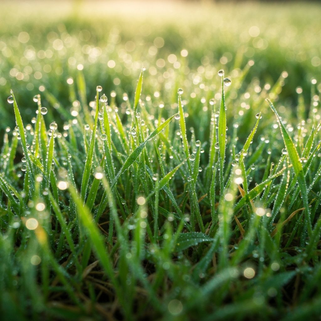 Nyugodt természeti reggeli táj, napfény és harmat, az ébredés és frissesség szimbóluma