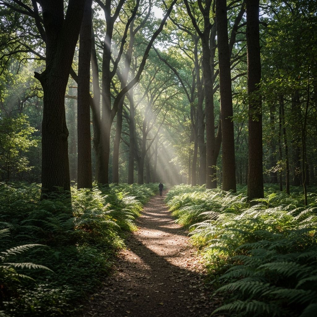 Erdei ösvény szűrt napfénnyel, a természet csendjét és az emberi jelenlét harmóniáját idéző kép