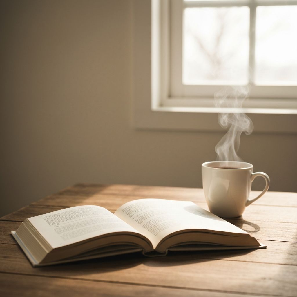 Reggeli csend és fókusz, könyv és természetes fény